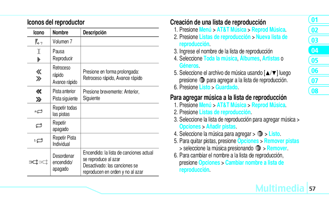 Pantech Reveal, 5U000242C0A manual Iconos del reproductor, Creación de una lista de reproducción 