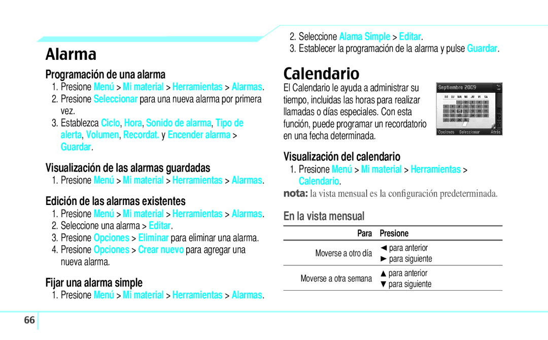 Pantech 5U000242C0A, Reveal manual Alarma, Calendario, En la vista mensual 