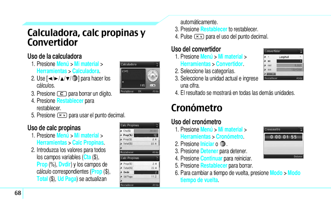 Pantech 5U000242C0A, Reveal manual Calculadora, calc propinas y Convertidor, Cronómetro 