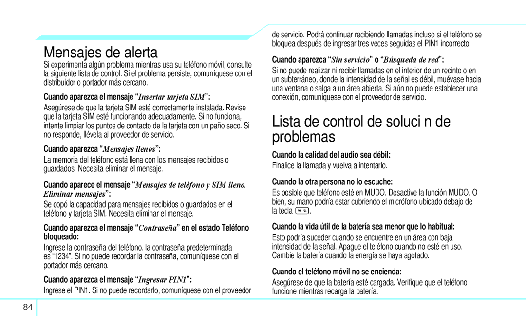 Pantech 5U000242C0A, Reveal manual Mensajes de alerta, Lista de control de solución de problemas 