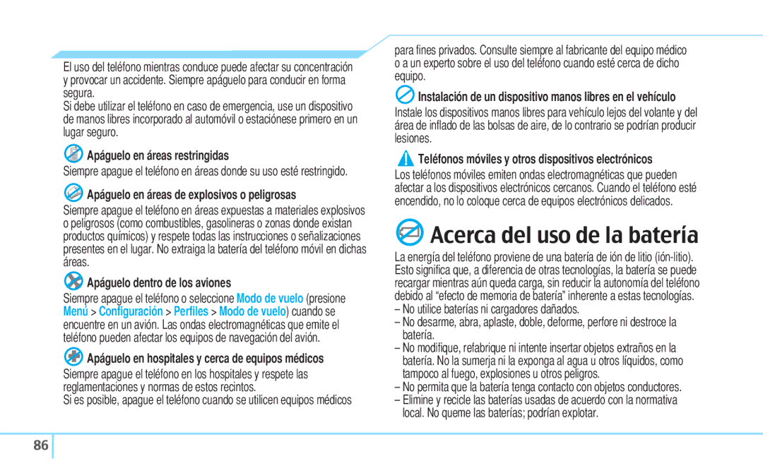 Pantech 5U000242C0A, Reveal Acerca del uso de la batería, Apáguelo en áreas restringidas, Apáguelo dentro de los aviones 