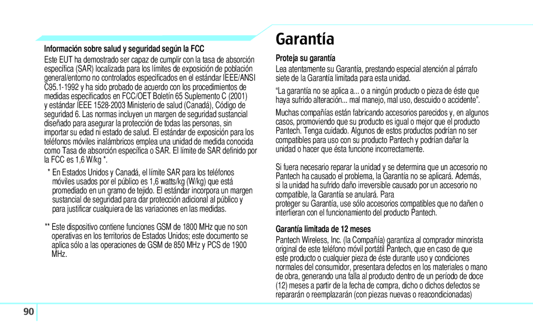 Pantech 5U000242C0A, Reveal manual Garantía, Información sobre salud y seguridad según la FCC, Proteja su garantía 