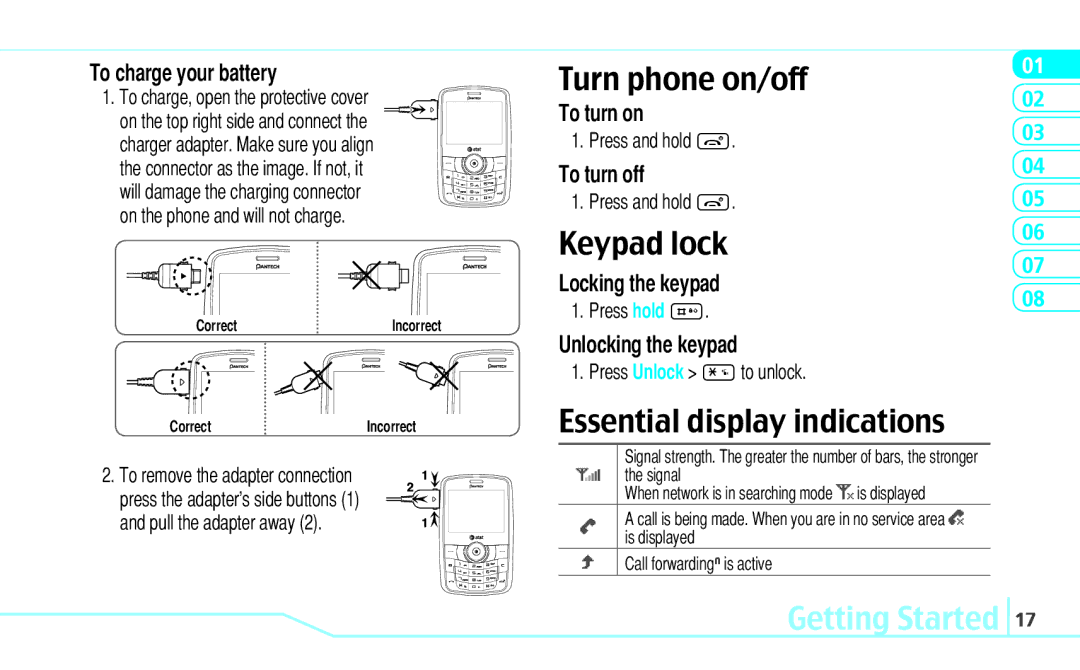 Pantech Reveal, 5U000242C0A manual Turn phone on/off, Keypad lock, Essential display indications, Getting Started 