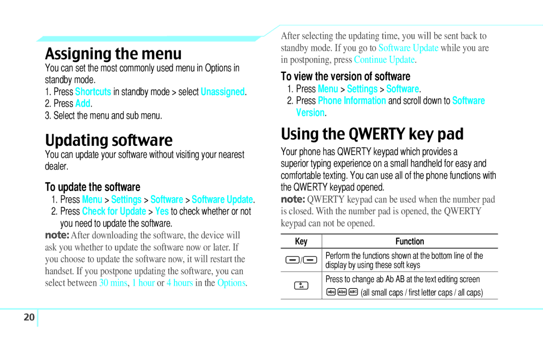 Pantech 5U000242C0A, Reveal manual Assigning the menu, Updating software, Using the Qwerty key pad, To update the software 