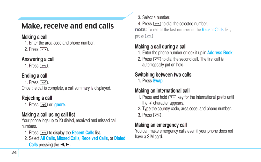 Pantech 5U000242C0A, Reveal manual Make, receive and end calls 