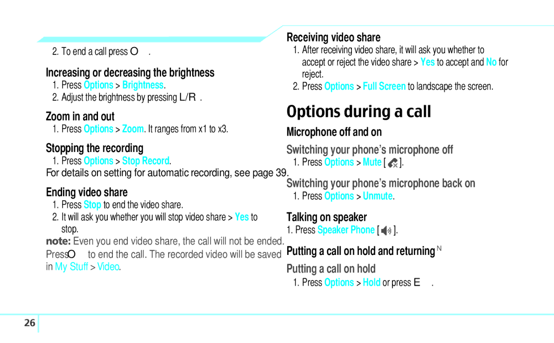 Pantech 5U000242C0A, Reveal manual Options during a call, Switching your phone’s microphone off, Putting a call on hold 