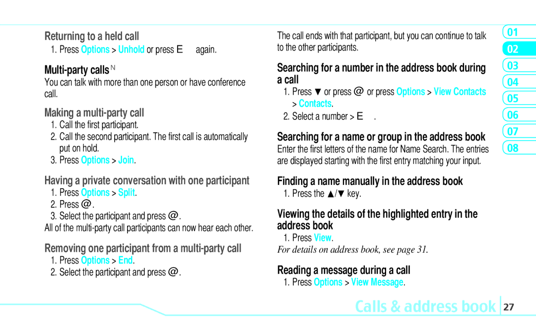 Pantech Reveal, 5U000242C0A manual Returning to a held call, Multi-party callsN, Making a multi-party call, Call 