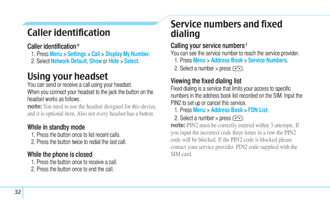 Pantech 5U000242C0A, Reveal manual Caller identification, Using your headset, Service numbers and fixed dialing 