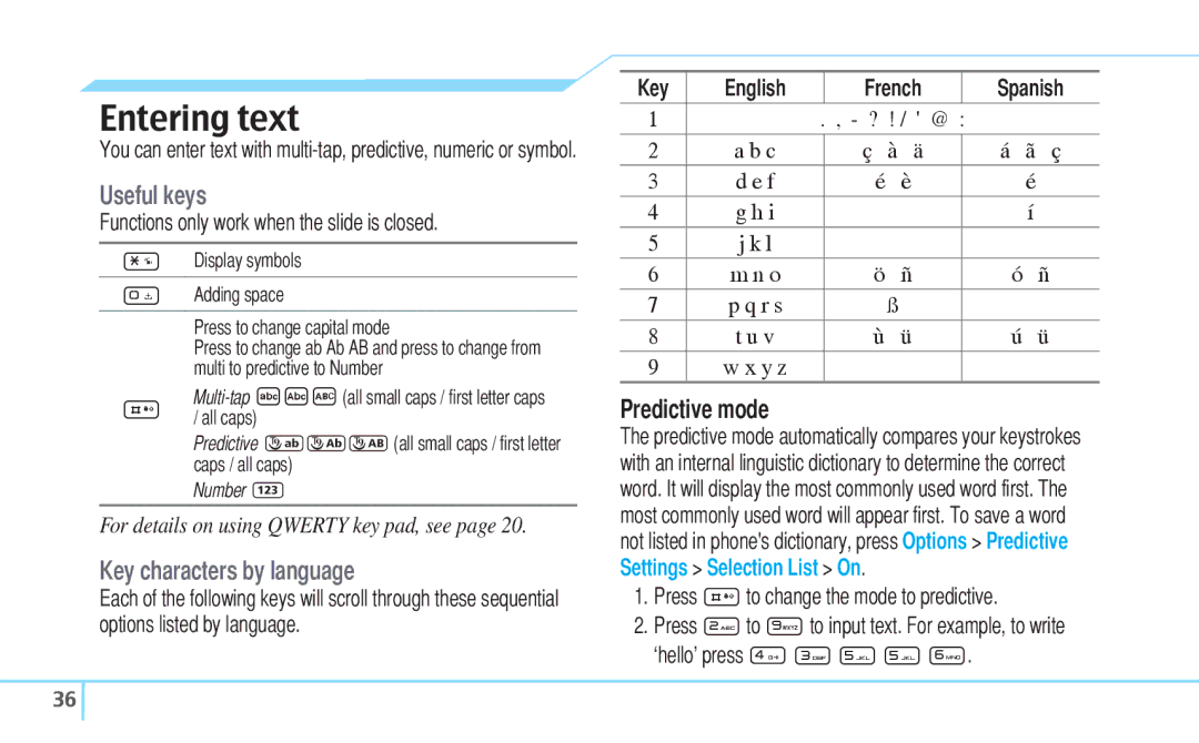 Pantech 5U000242C0A, Reveal manual Entering text, Useful keys, Key characters by language, Predictive mode 