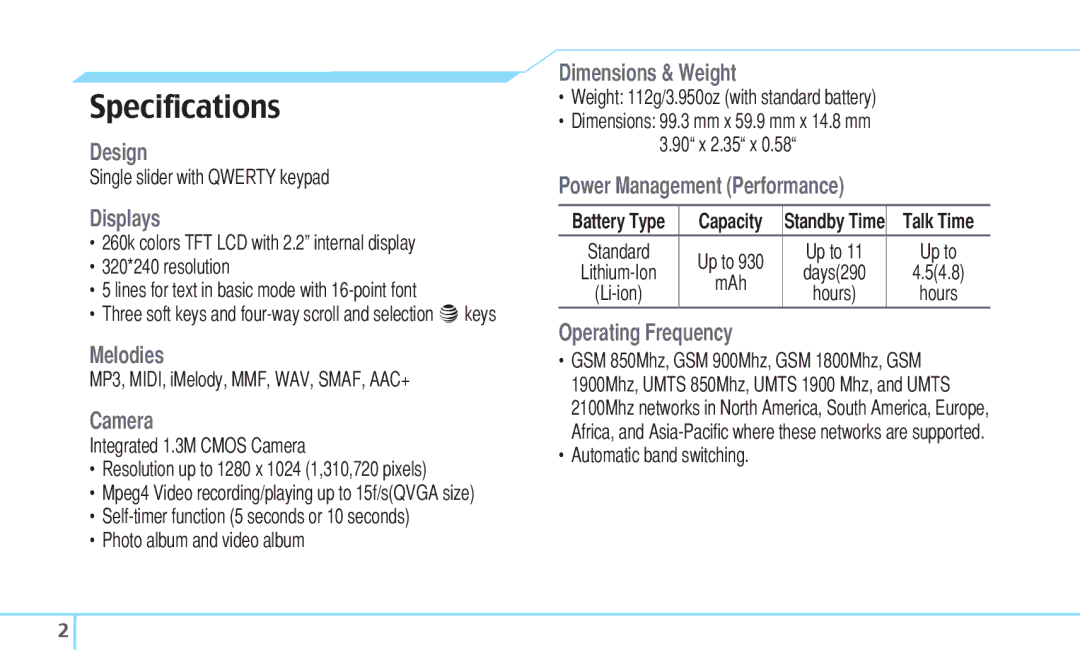 Pantech 5U000242C0A, Reveal manual Specifications 