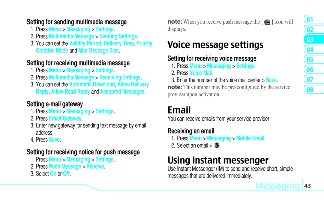 Pantech Reveal, 5U000242C0A manual Voice message settings, Using instant messenger 