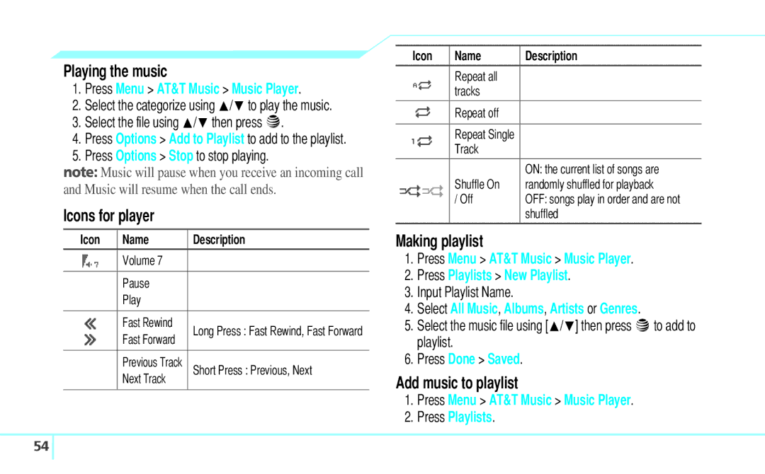 Pantech 5U000242C0A, Reveal manual Playing the music, Icons for player, Making playlist, Add music to playlist 