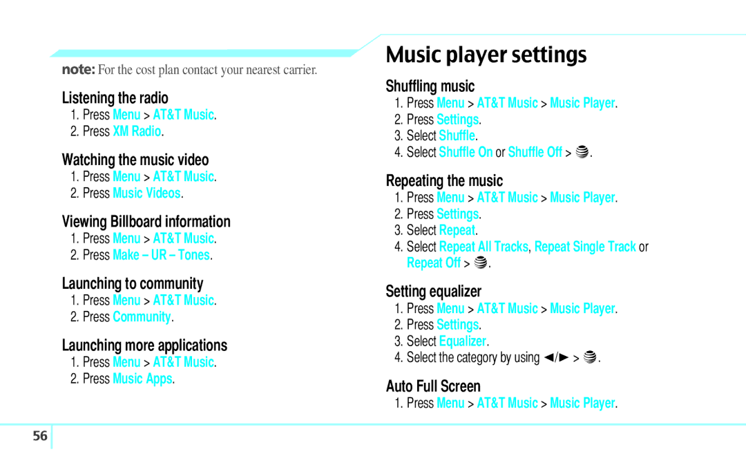 Pantech 5U000242C0A, Reveal manual Music player settings 