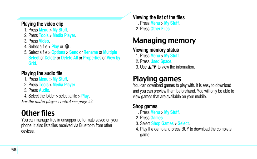 Pantech 5U000242C0A, Reveal manual Other files, Managing memory, Playing games 