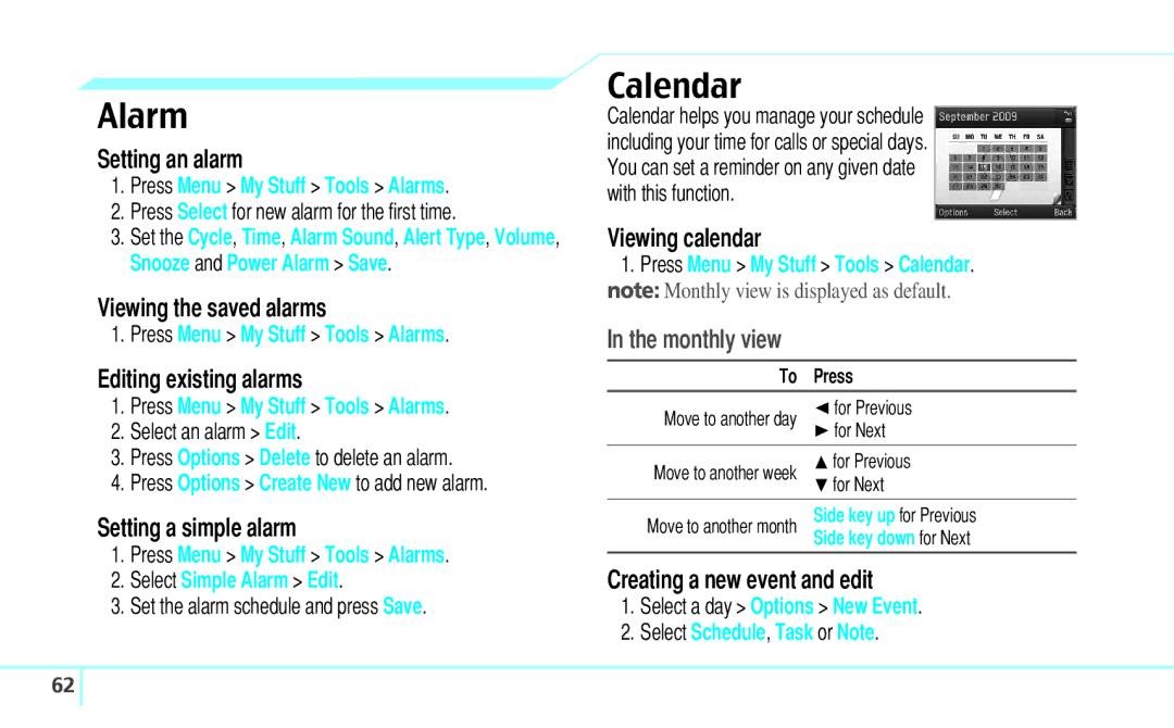 Pantech 5U000242C0A, Reveal manual Alarm, Calendar, Monthly view 