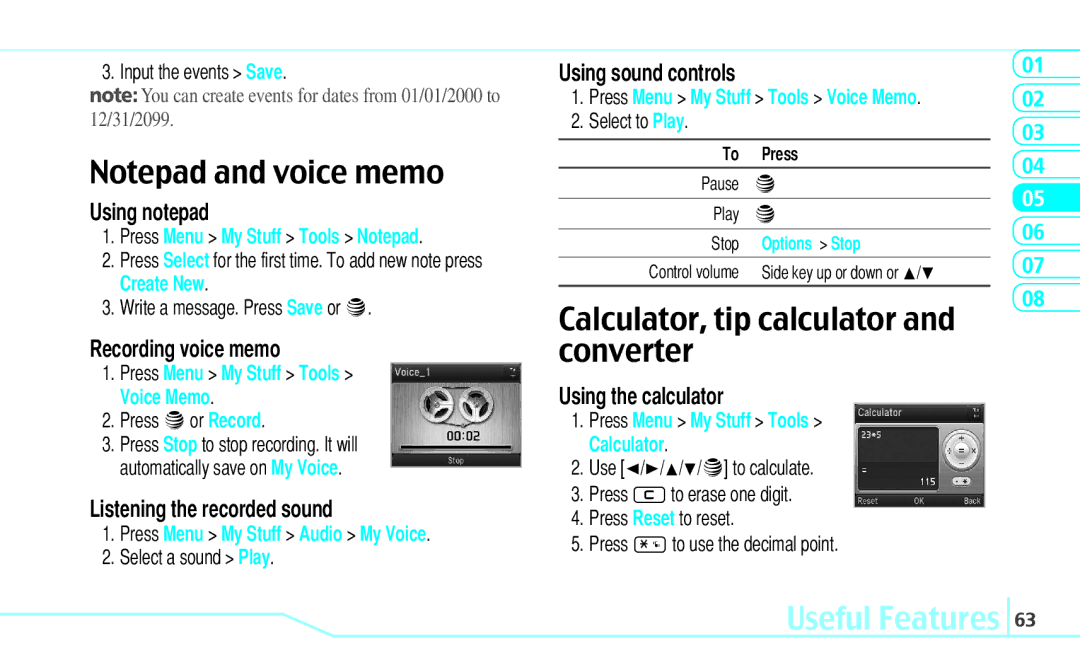 Pantech Reveal, 5U000242C0A Calculator, tip calculator and converter, Useful Features, Using notepad, Recording voice memo 