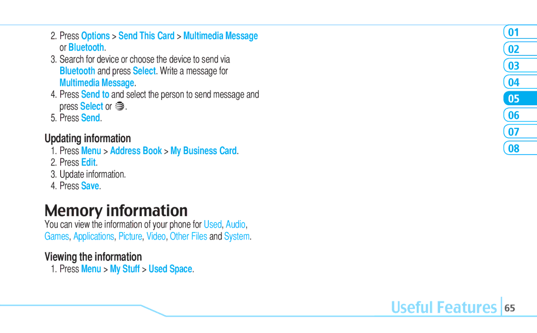 Pantech Reveal, 5U000242C0A manual Memory information, Updating information, Press Menu Address Book My Business Card 