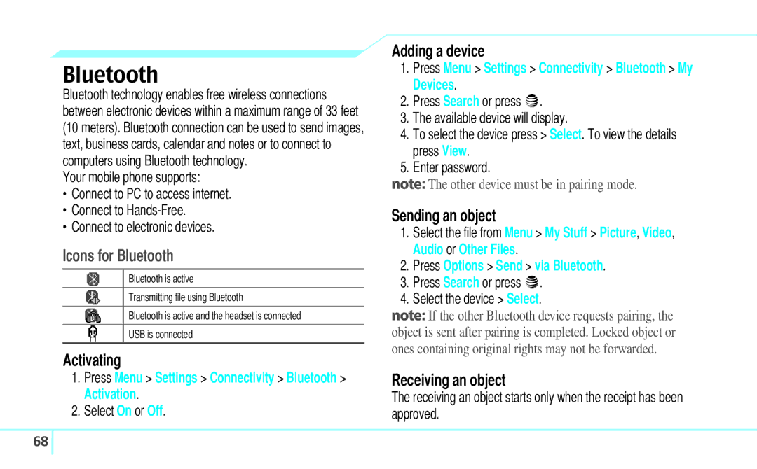 Pantech 5U000242C0A, Reveal manual Icons for Bluetooth 