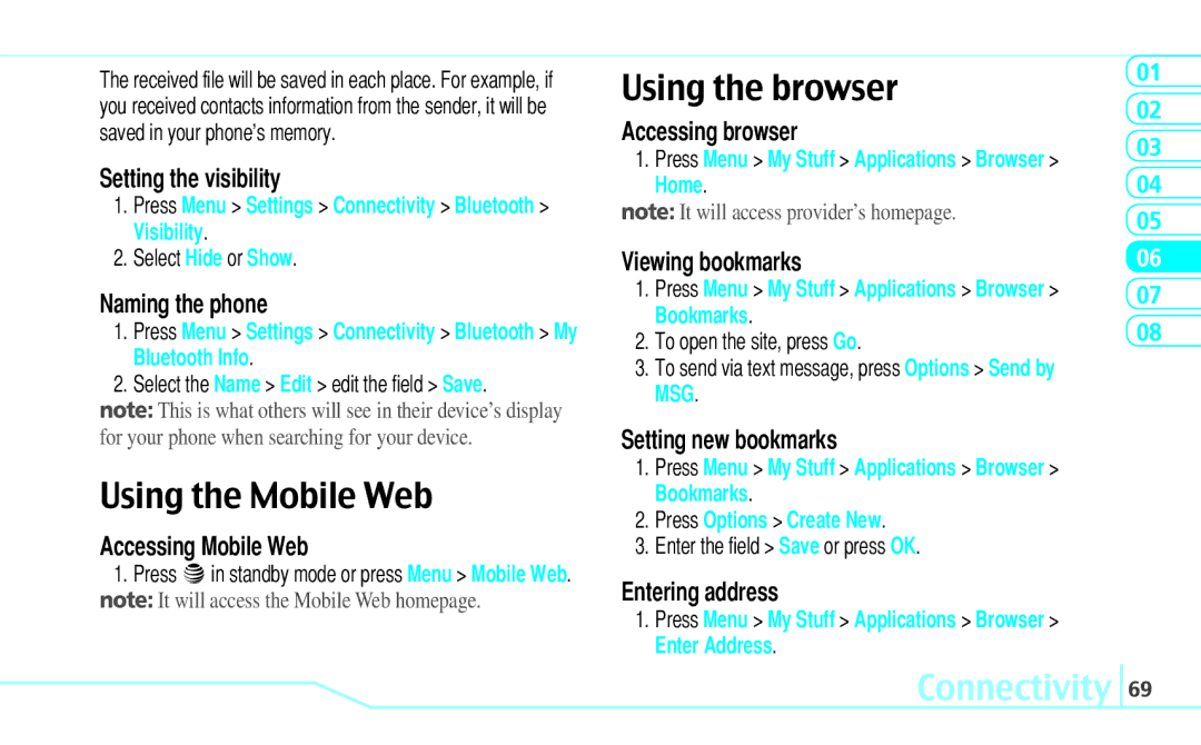 Pantech Reveal, 5U000242C0A manual Using the Mobile Web, Using the browser, Connectivity 