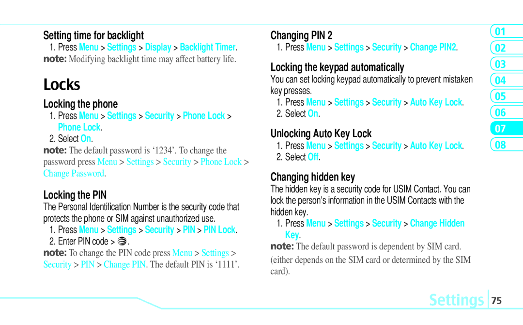 Pantech Reveal, 5U000242C0A manual Locks, Settings 