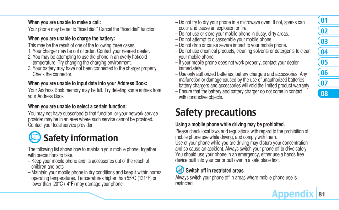 Pantech Reveal, 5U000242C0A manual Safety precautions, Appendix 