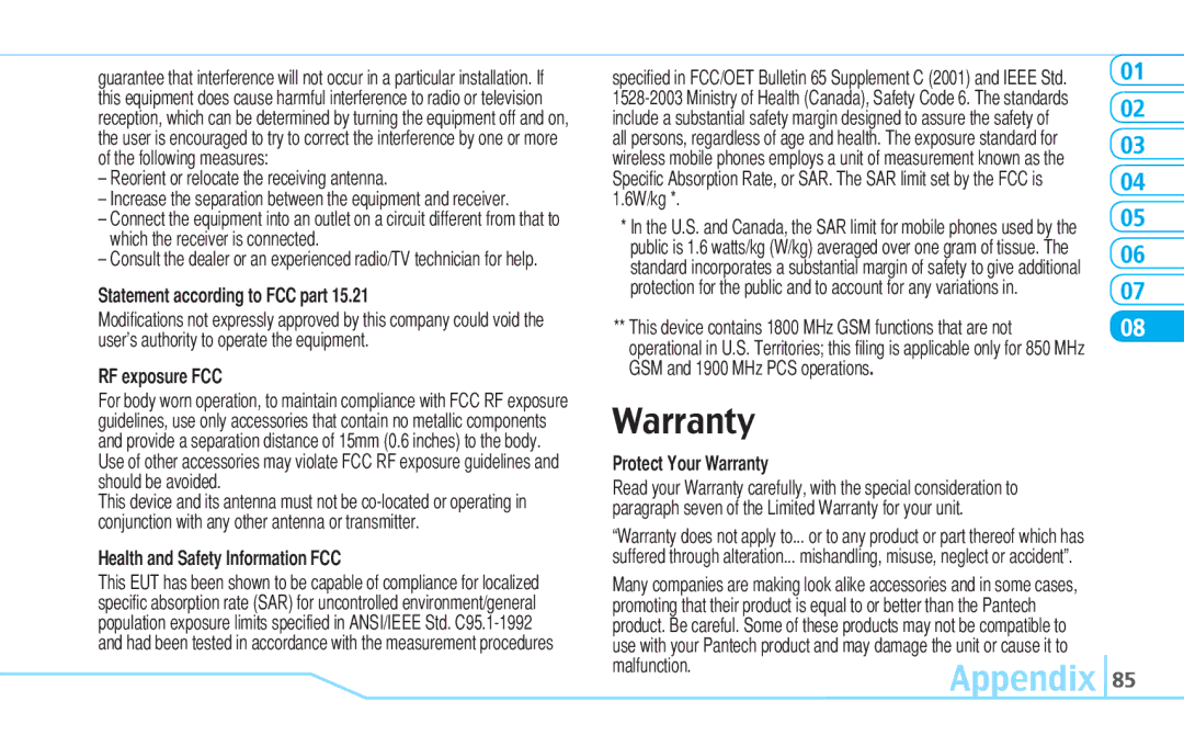 Pantech Reveal, 5U000242C0A manual Warranty, RF exposure FCC, Health and Safety Information FCC 