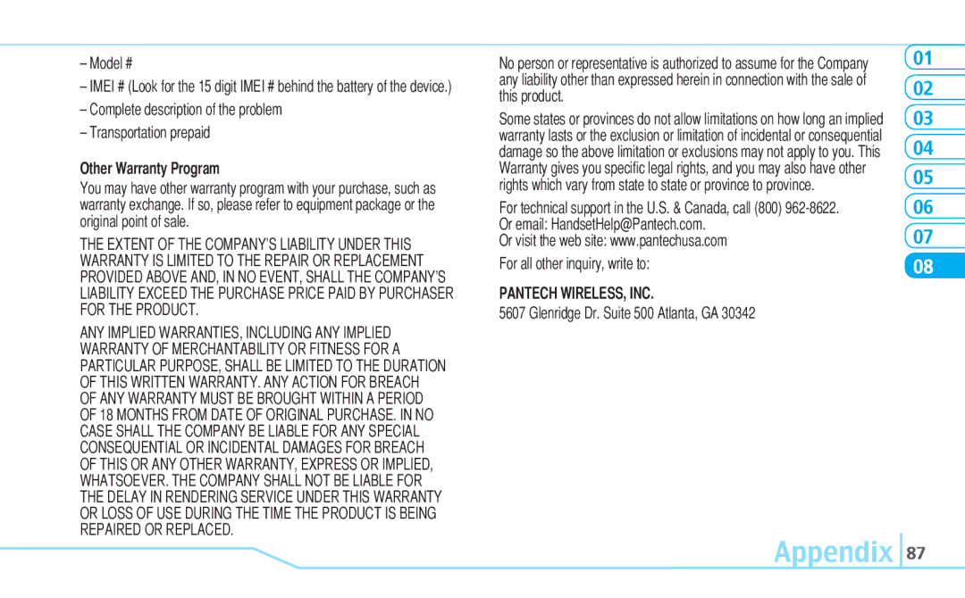 Pantech Reveal, 5U000242C0A Model #, Complete description of the problem Transportation prepaid, Other Warranty Program 