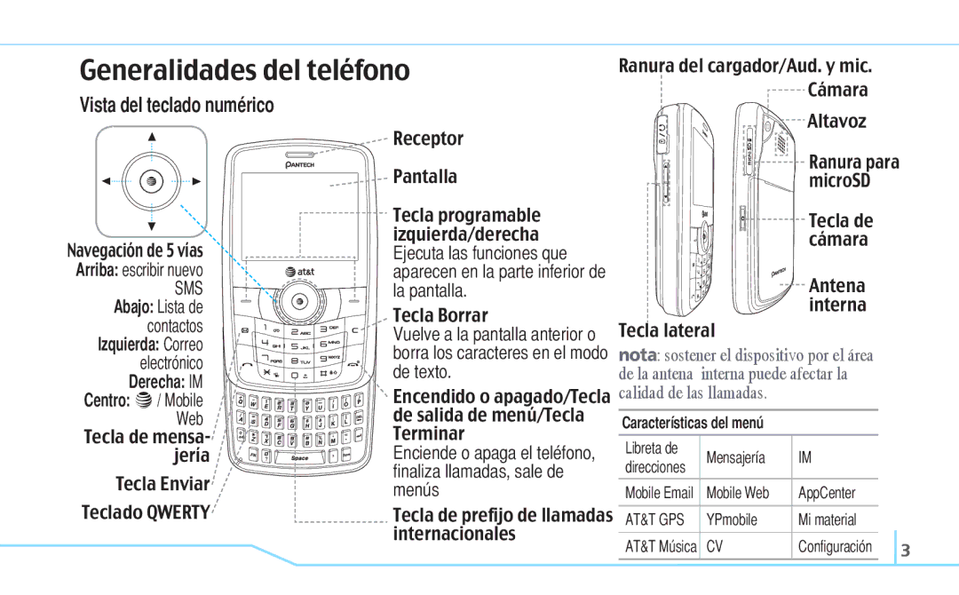 Pantech Reveal, 5U000242C0A manual Generalidades del teléfono 