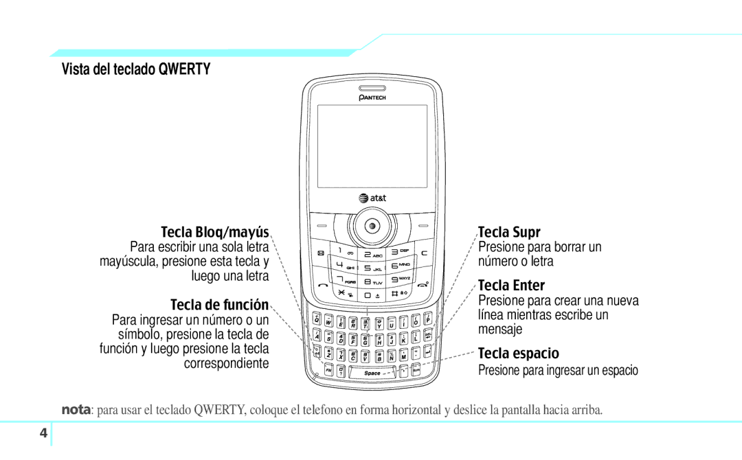 Pantech 5U000242C0A, Reveal manual Vista del teclado Qwerty, Tecla Supr 