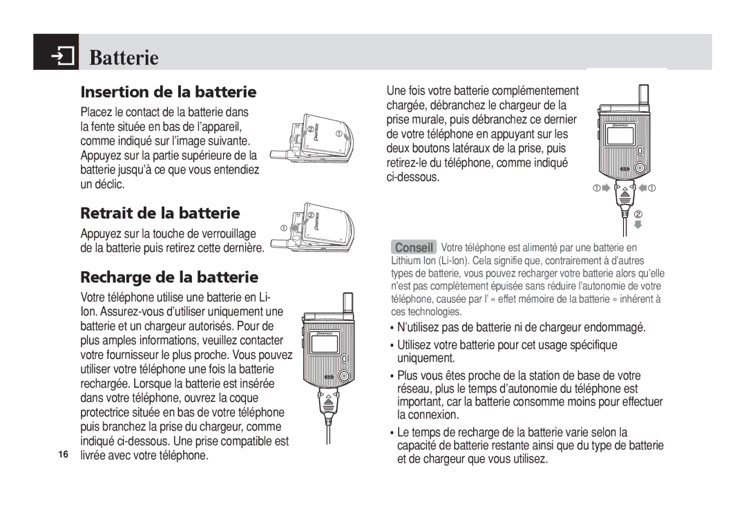 Pantech 5U010344000REV00 manual Batterie, Insertion de la batterie, Retrait de la batterie, Recharge de la batterie 