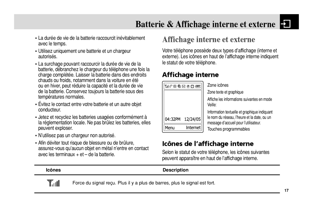 Pantech 5U010344000REV00 manual Affichage interne et externe, Icônes de l’affichage interne, Icônes Description 