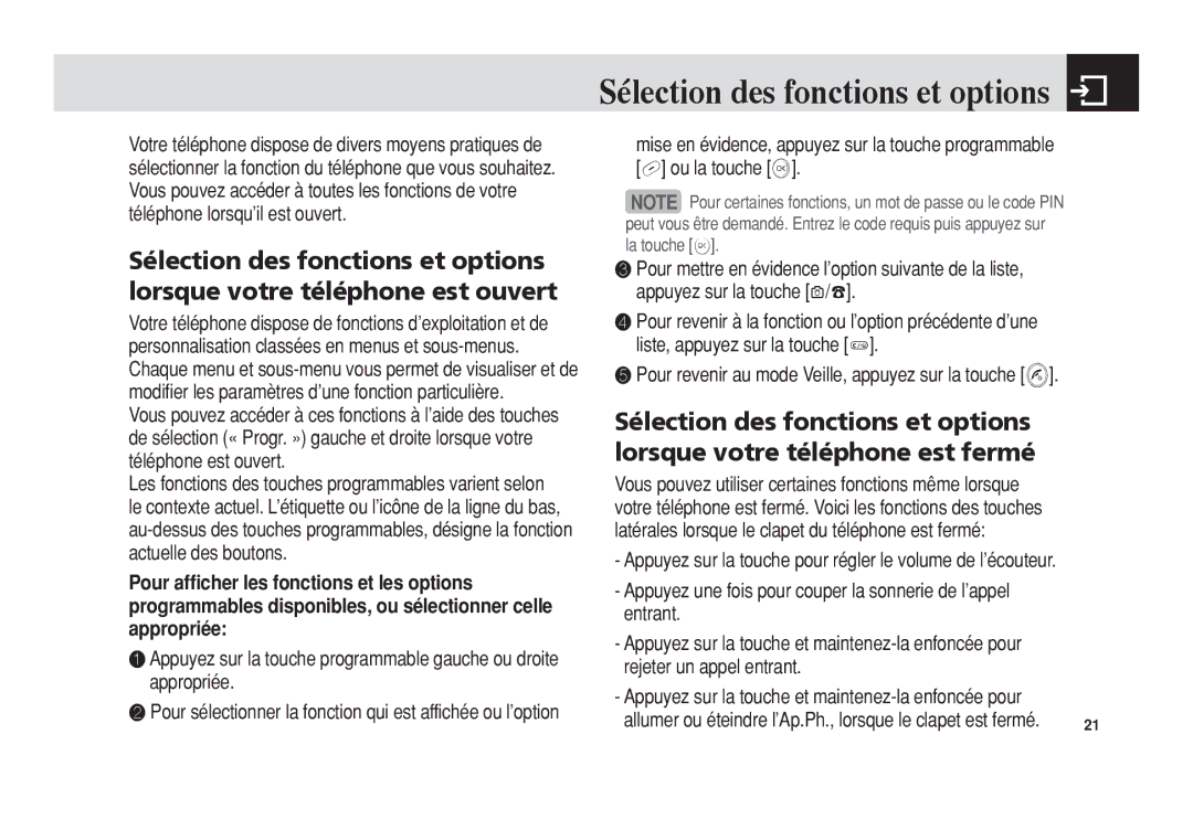 Pantech 5U010344000REV00 manual Sélection des fonctions et options 