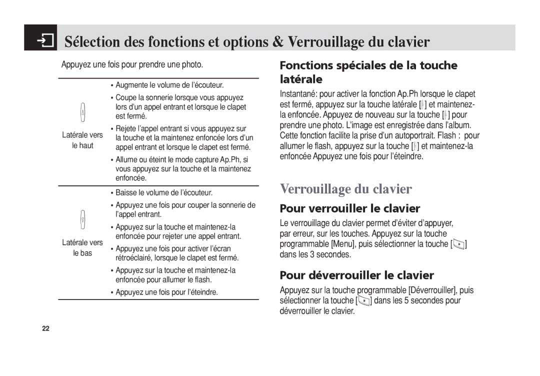 Pantech 5U010344000REV00 Verrouillage du clavier, Fonctions spéciales de la touche latérale, Pour verrouiller le clavier 