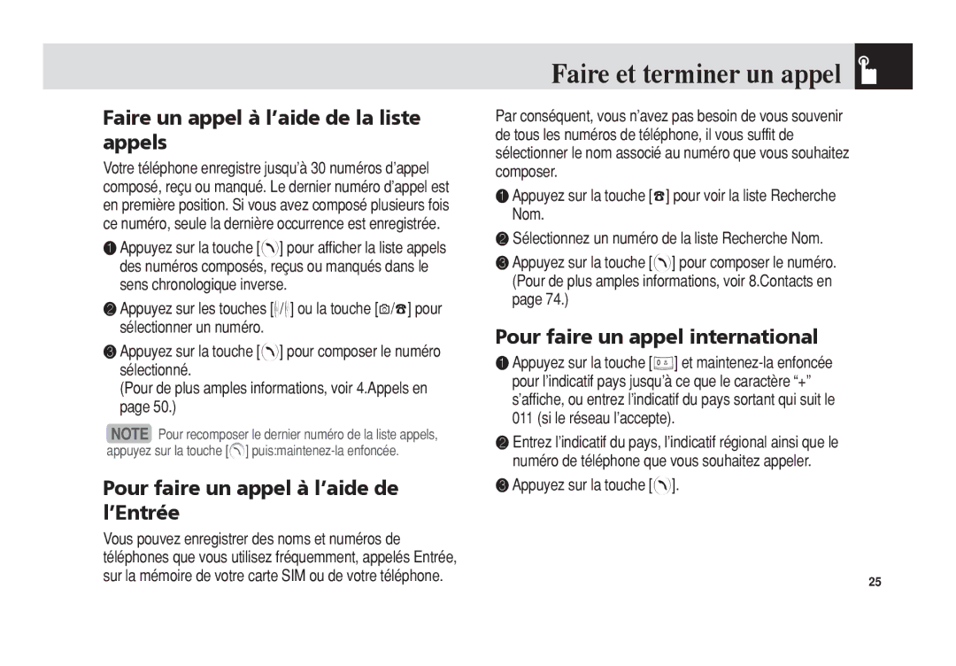 Pantech 5U010344000REV00 manual Faire et terminer un appel, Faire un appel à l’aide de la liste appels 