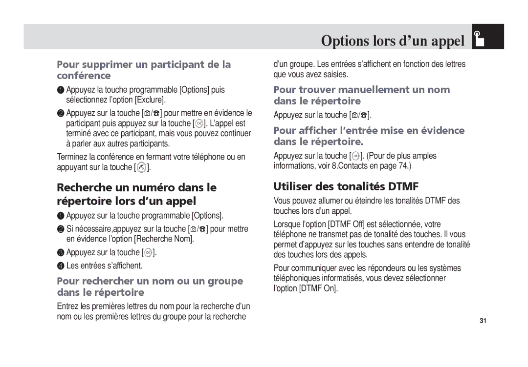 Pantech 5U010344000REV00 manual Recherche un numéro dans le répertoire lors d’un appel, Utiliser des tonalités Dtmf 