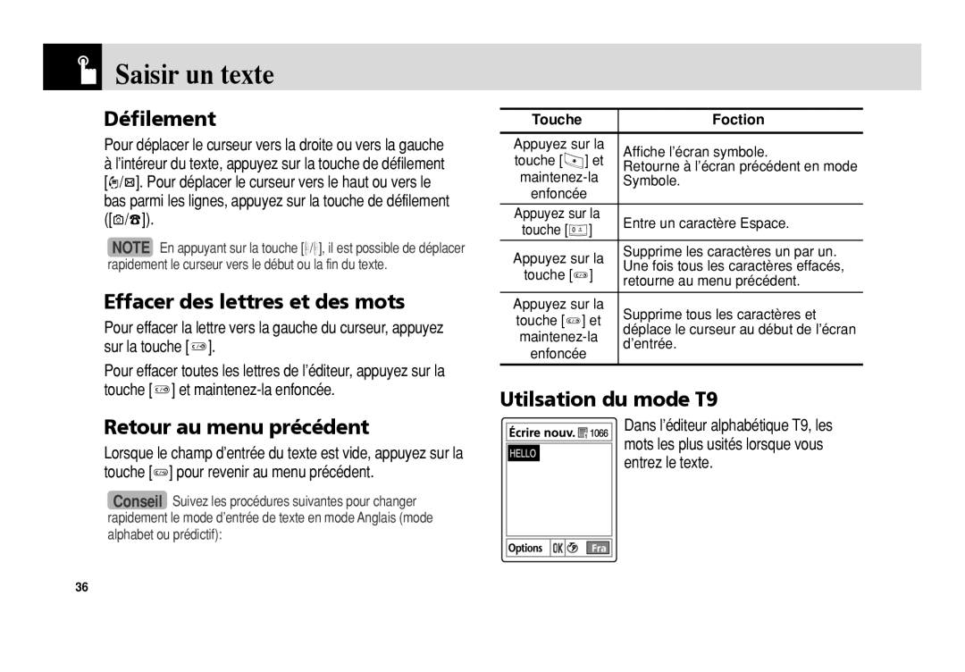 Pantech 5U010344000REV00 Défilement, Effacer des lettres et des mots, Retour au menu précédent, Utilsation du mode T9 