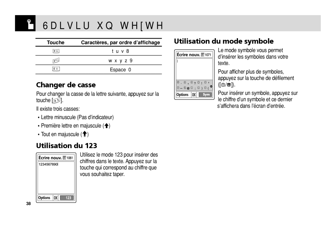 Pantech 5U010344000REV00 manual Changer de casse, Utilisation du mode symbole 