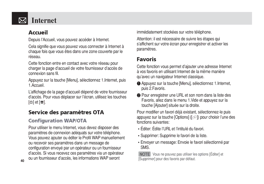 Pantech 5U010344000REV00 manual Accueil, Service des paramètres OTA, Favoris, Configuration WAP/OTA 