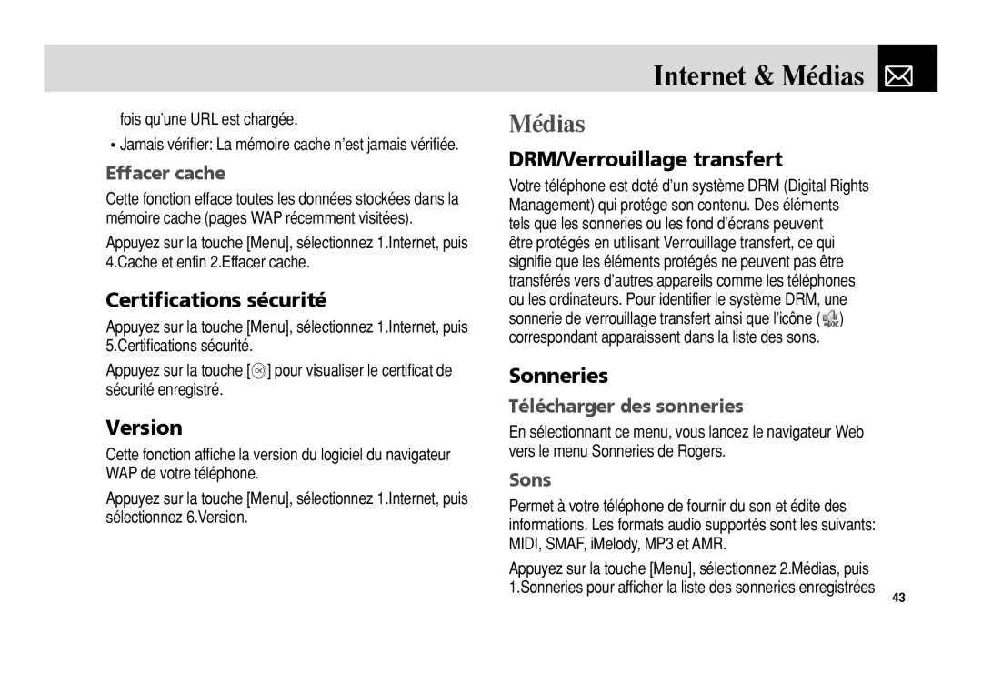 Pantech 5U010344000REV00 manual Internet & Médias, Certifications sécurité, DRM/Verrouillage transfert, Sonneries 