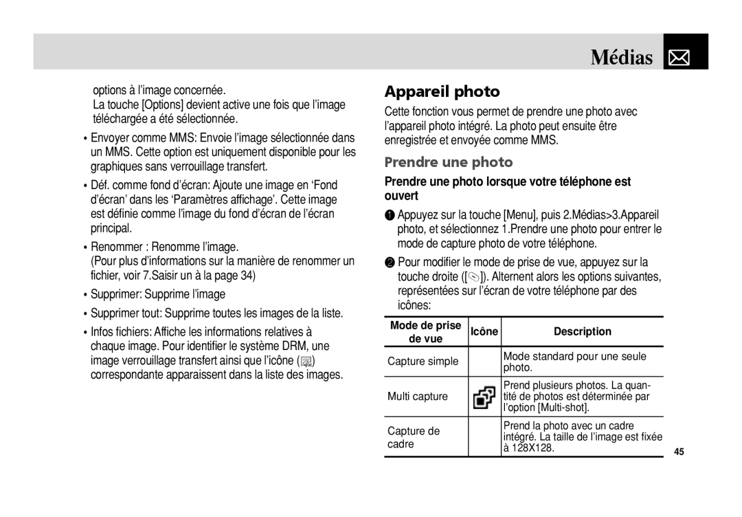 Pantech 5U010344000REV00 manual Appareil photo, Prendre une photo, Supprimer Supprime l’image 