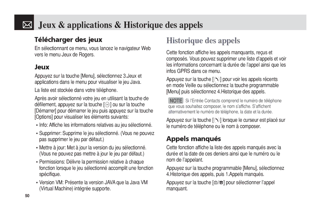 Pantech 5U010344000REV00 manual Jeux & applications & Historique des appels, Télécharger des jeux, Appels manqués 