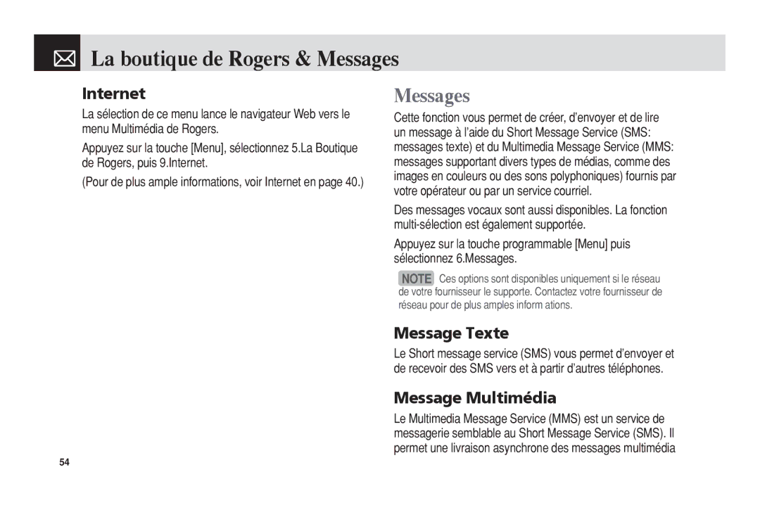 Pantech 5U010344000REV00 manual La boutique de Rogers & Messages, Message Texte, Message Multimédia 