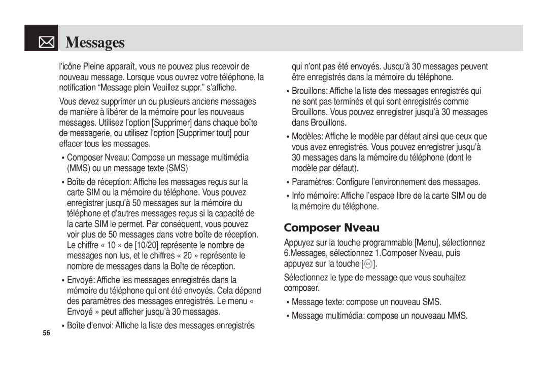 Pantech 5U010344000REV00 manual Composer Nveau, Boîte d’envoi Affiche la liste des messages enregistrés 