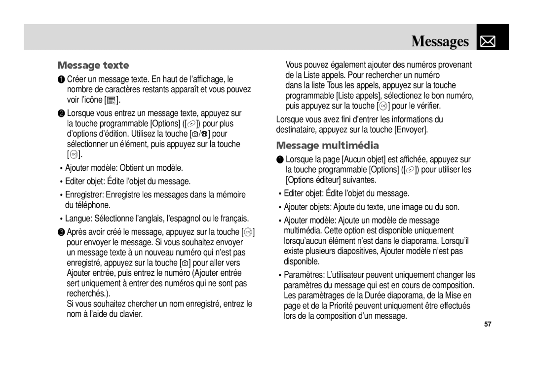 Pantech 5U010344000REV00 manual Message texte, Message multimédia 