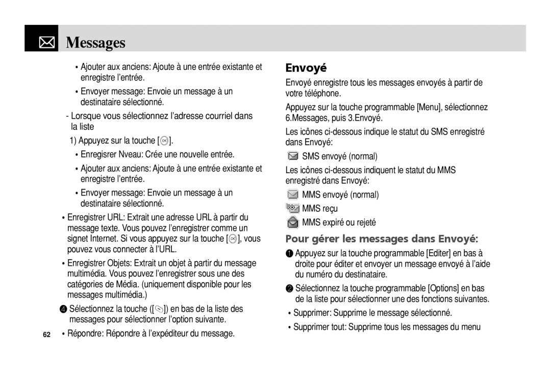 Pantech 5U010344000REV00 manual Pour gérer les messages dans Envoyé, 62 Répondre Répondre à l’expéditeur du message 