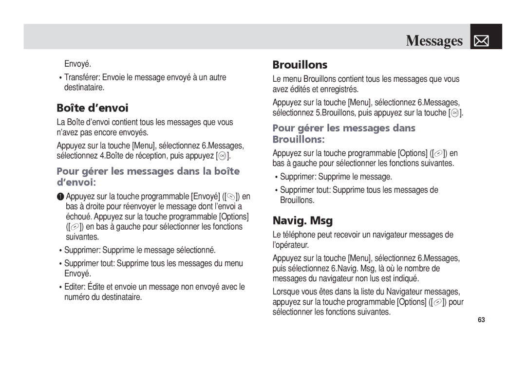 Pantech 5U010344000REV00 manual Boîte d’envoi, Brouillons, Navig. Msg, Pour gérer les messages dans la boîte d’envoi 