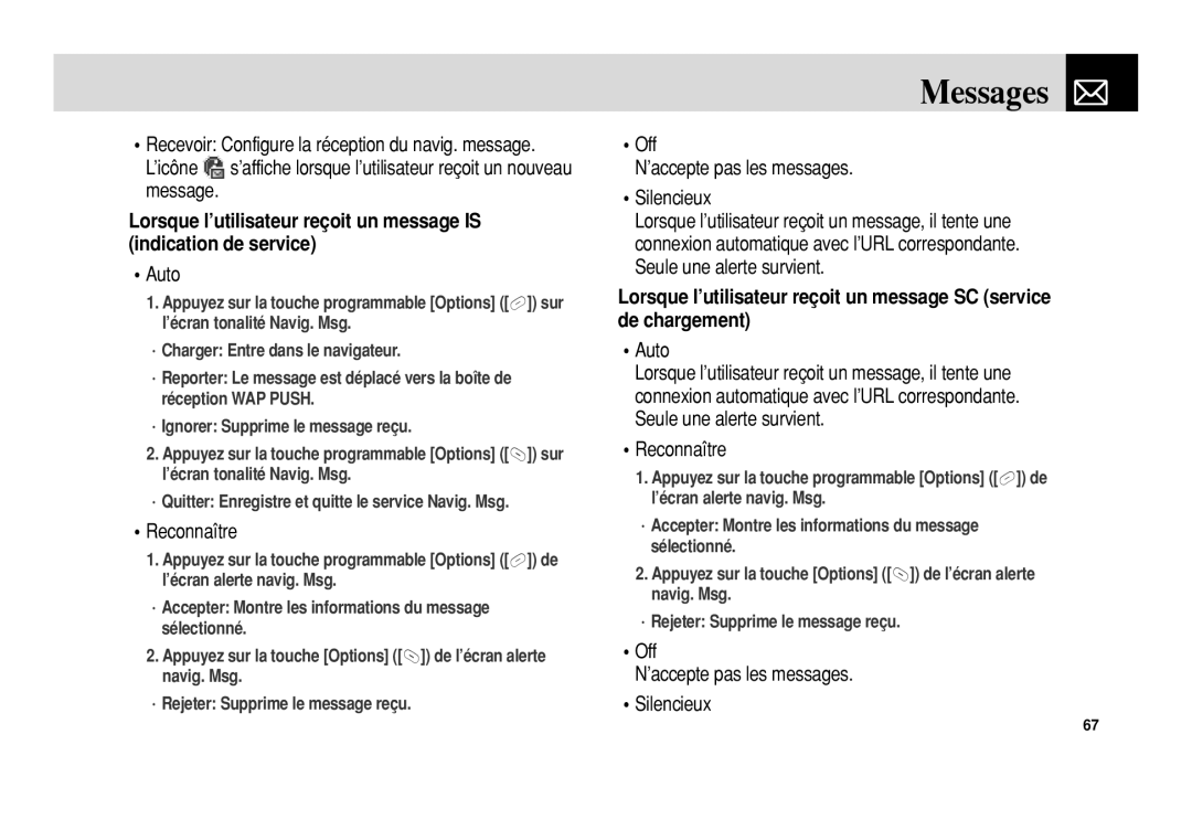 Pantech 5U010344000REV00 manual Reconnaître, Off ’accepte pas les messages Silencieux 