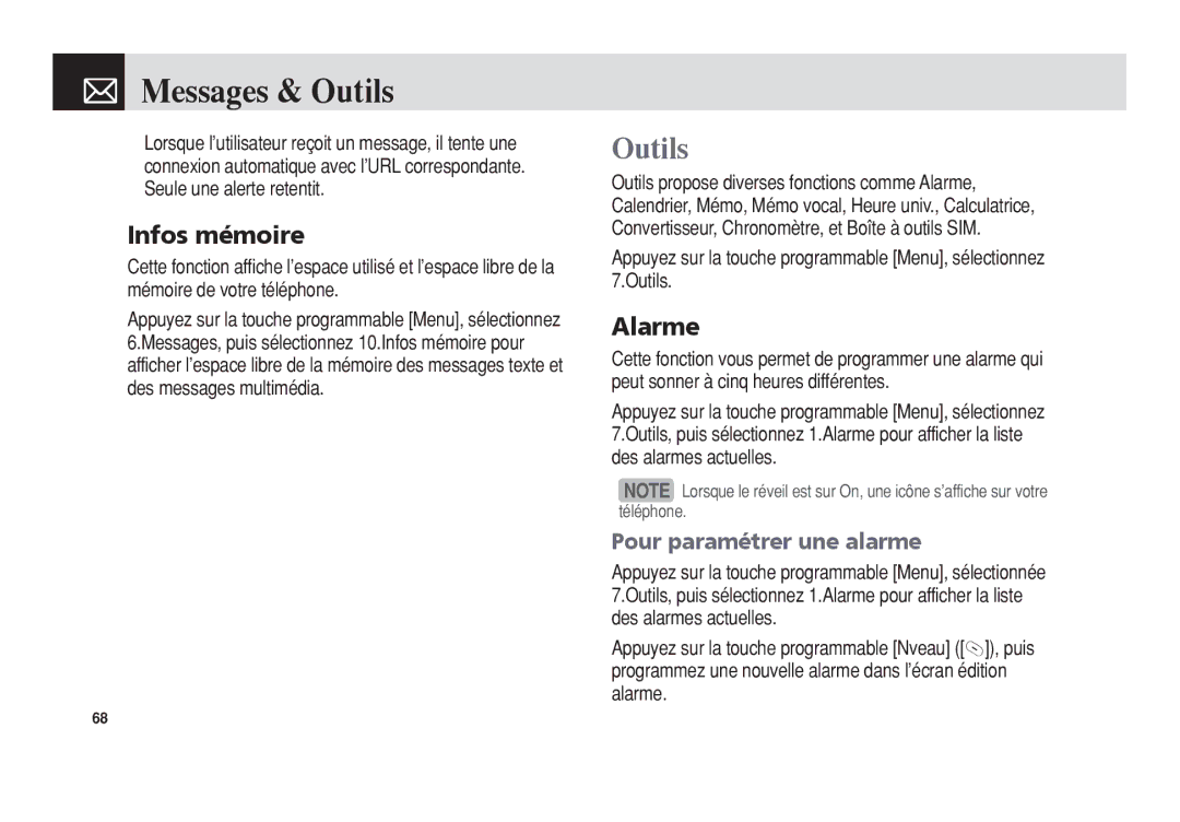 Pantech 5U010344000REV00 manual Messages & Outils, Infos mémoire, Alarme, Pour paramétrer une alarme 