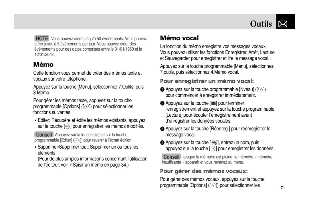 Pantech 5U010344000REV00 manual Mémo vocal, Pour enregistrer un mémo vocal, Pour gérer des mémos vocaux 