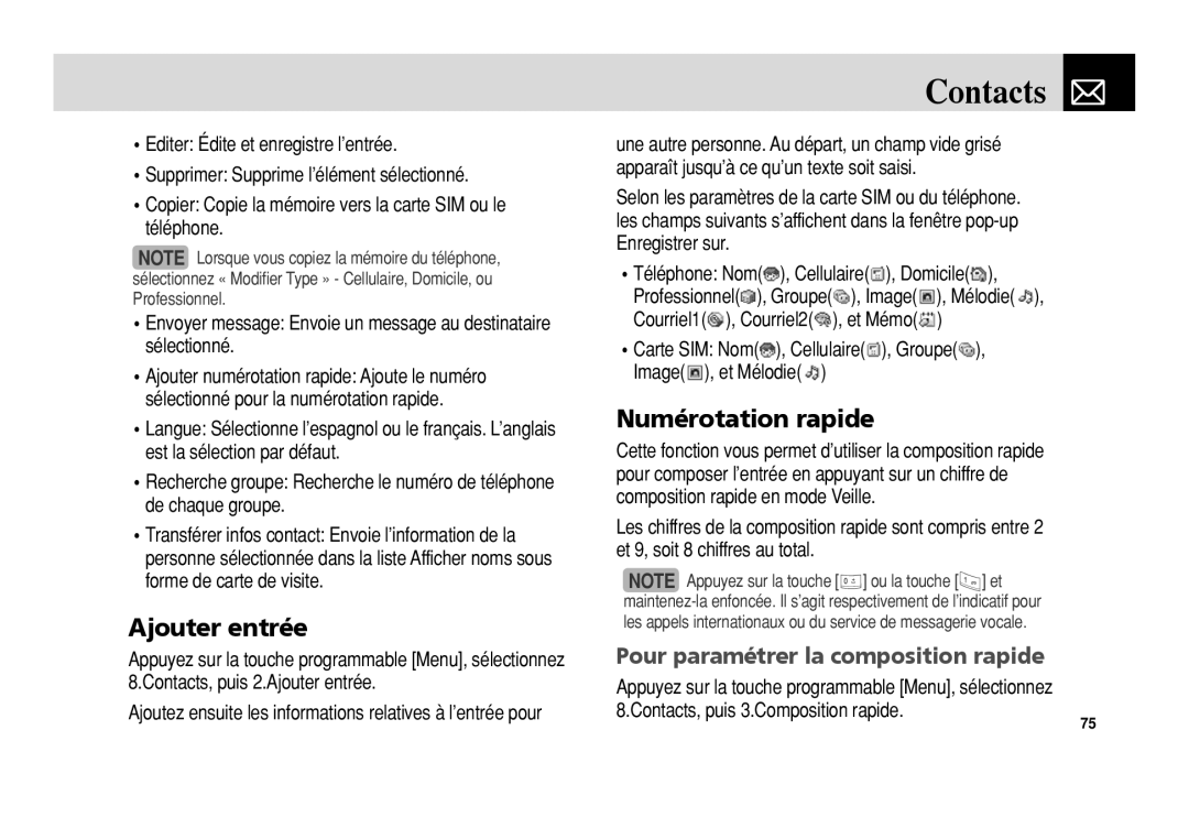 Pantech 5U010344000REV00 manual Ajouter entrée, Numérotation rapide, Pour paramétrer la composition rapide 